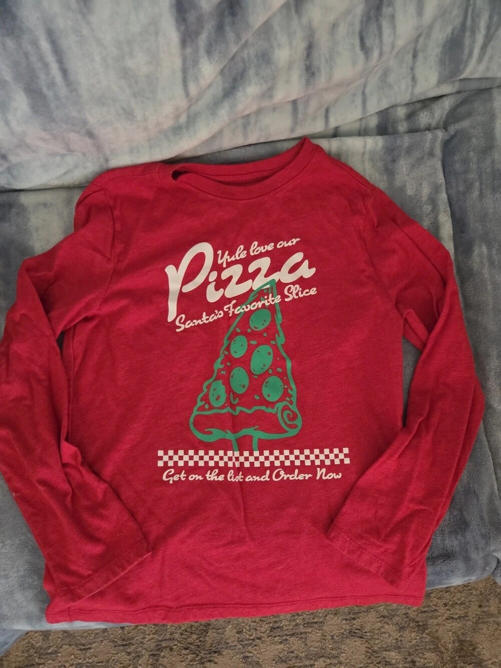 Cat & Jack Boys Christmas Long Sleeve Shirt Size 8 Red Pizza Graphic